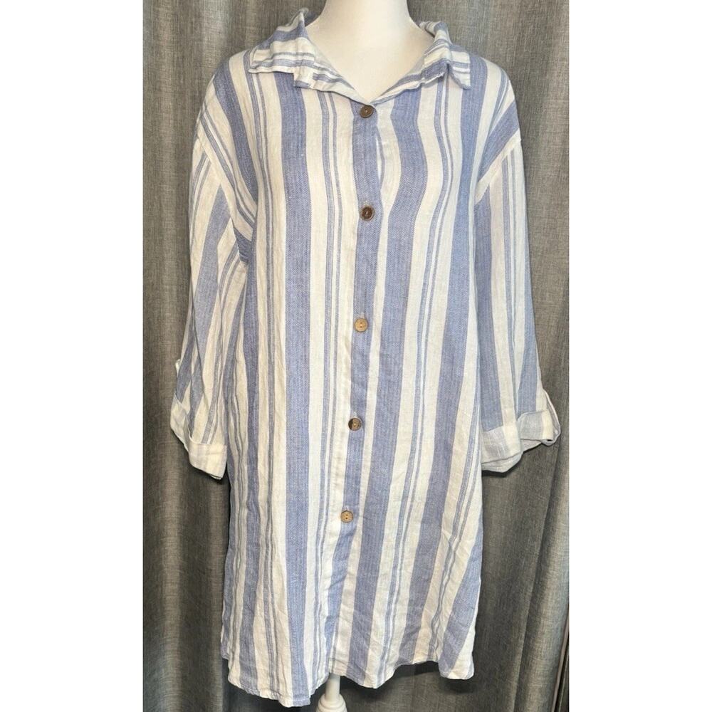 Viola Borghi Top Womens Size Large Blue Striped Linen Beach Coverup Lagenlook